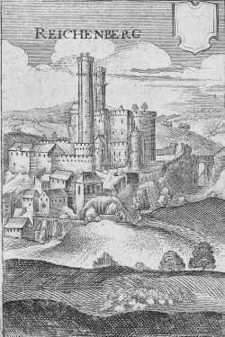 Kupferstich von Mathias Merian 1648. Ansicht von Süden (nach Dilich) Kupferstich Burg Reichenberg