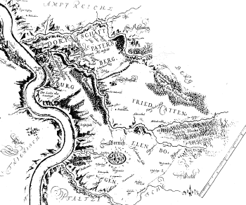Karte des landgräflichen Kartographen W.Dillich um 1607 mit dem Amt (AMPT) Reichenberg. Historische Landkarte