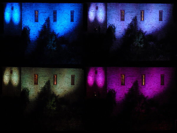 Collage aus vier farbigen Fotos der Kirche
