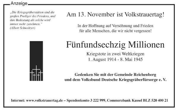 Gedenken an die Kriegsopfer Anzeige Volksbund