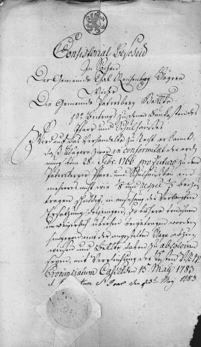 Consistorialbescheid vom 15. Mai 1783 über die Kostenverteilung zwischen Reichenberg und Patersberg für die Schule und das Pfarrgebäude. Reichenberg hat für das Pfarrhaus 1/8 und für die Schule 1/3 der Kosten zu tragen. Consitorialbescheid